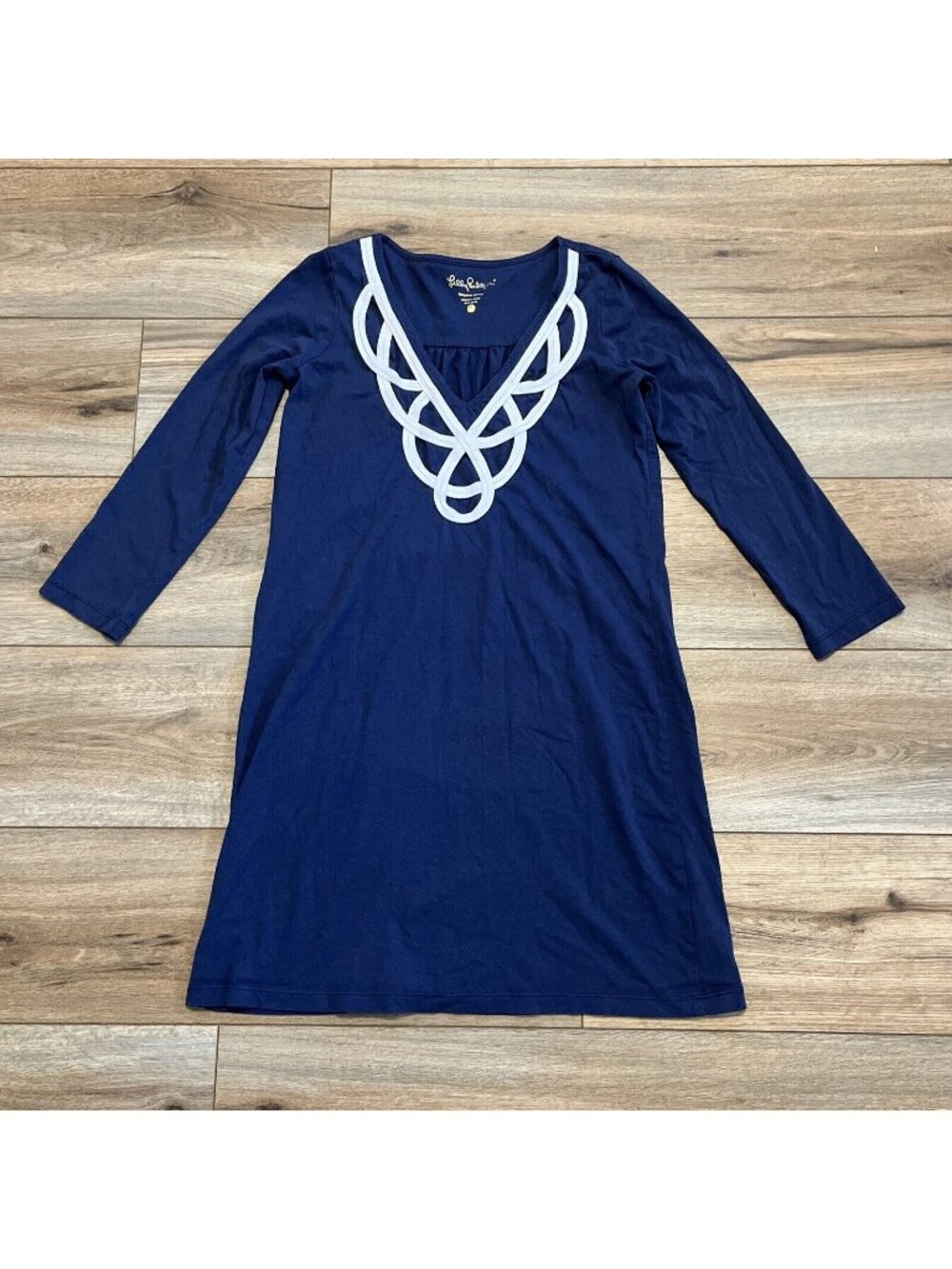 Lilly Pulitzer Blaire Dress SZ XS Navy Blue Embroidered V Neck Pima Cotton